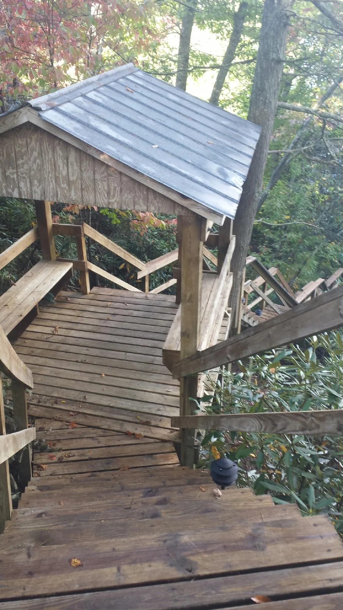 Metal roofed shelter over wooden steps on a wooded walkway — Skylight Repair & Installation work by our crew in Tupper Lake
