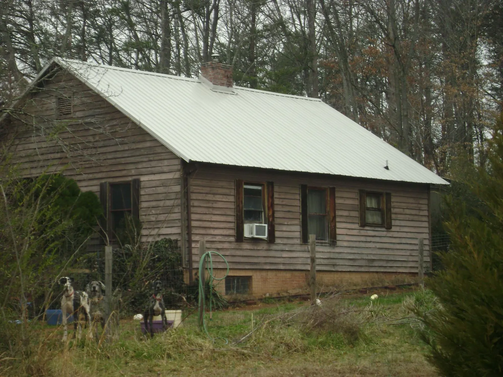 White metal roof on an old wood sided farmhouse, from a Metal Roof Installation job in Tupper Lake